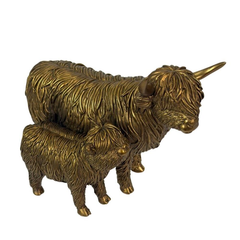 Highland Cow and Calf Statue Antique Bronze Resin Figurine 7.25 In